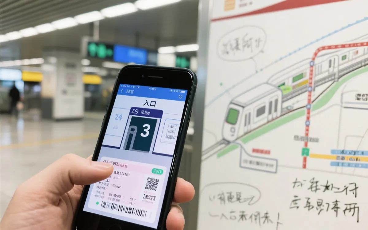 手机屏幕显示电子票与入场口编号，旁边是简洁的动线手写笔记与地铁图，旅行纪实风